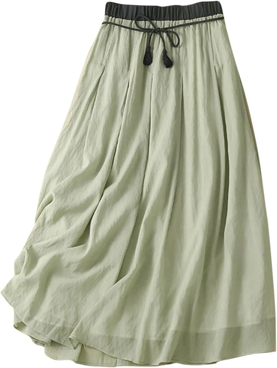 Women's Cotton Linen Skirts Drawstring High Waist Skirts Plain Layered A-Line Flared Flowy Midi Long Skirts