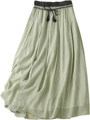 Women's Cotton Linen Skirts Drawstring High Waist Skirts Plain Layered A-Line Flared Flowy Midi Long Skirts