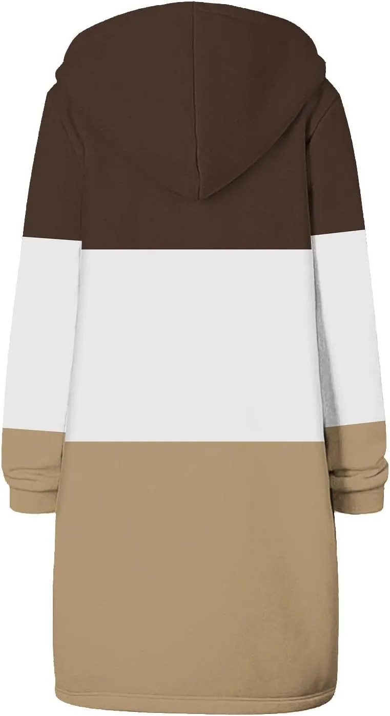Womens Fleece Jacket Oversized Color Block Long Sleeve Winter Coats Drawstring Hooded Cardigan Tops Outerwear