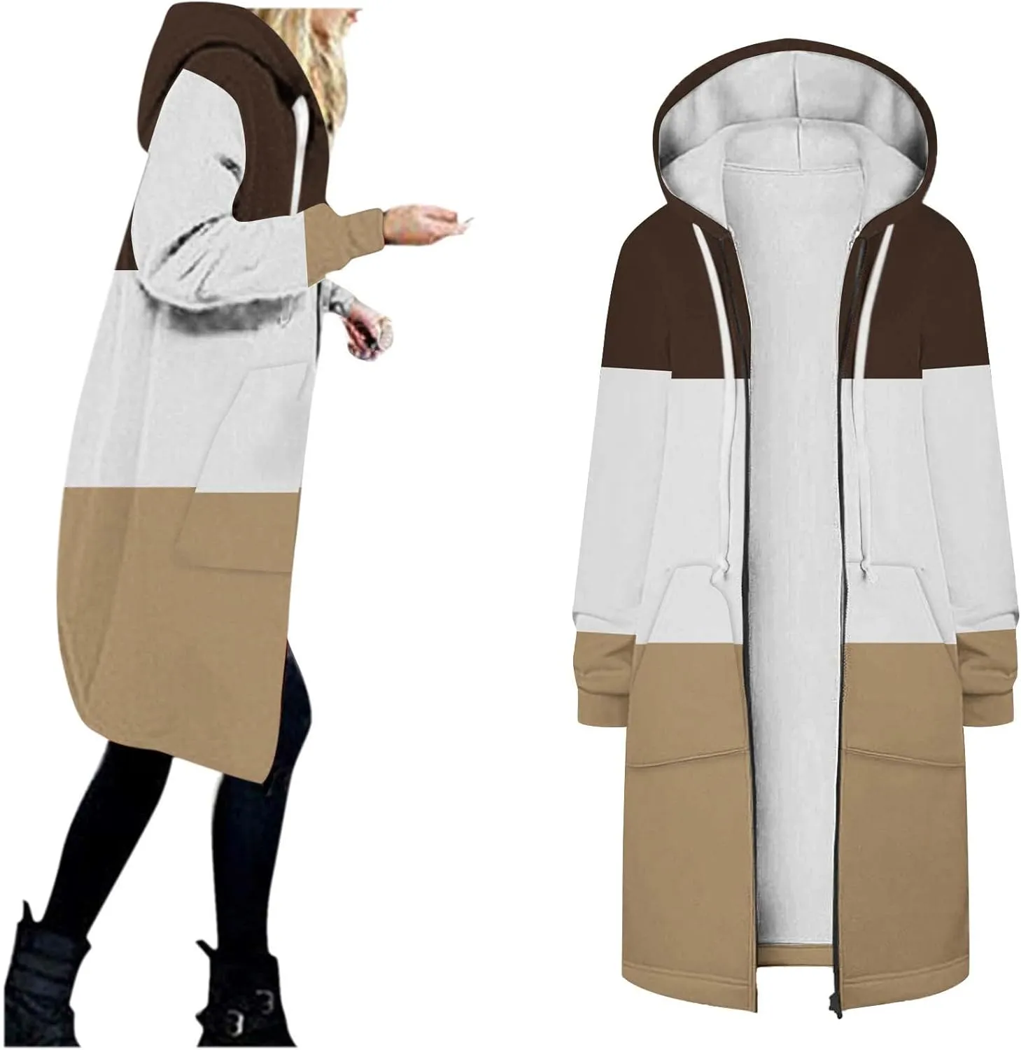 Womens Fleece Jacket Oversized Color Block Long Sleeve Winter Coats Drawstring Hooded Cardigan Tops Outerwear