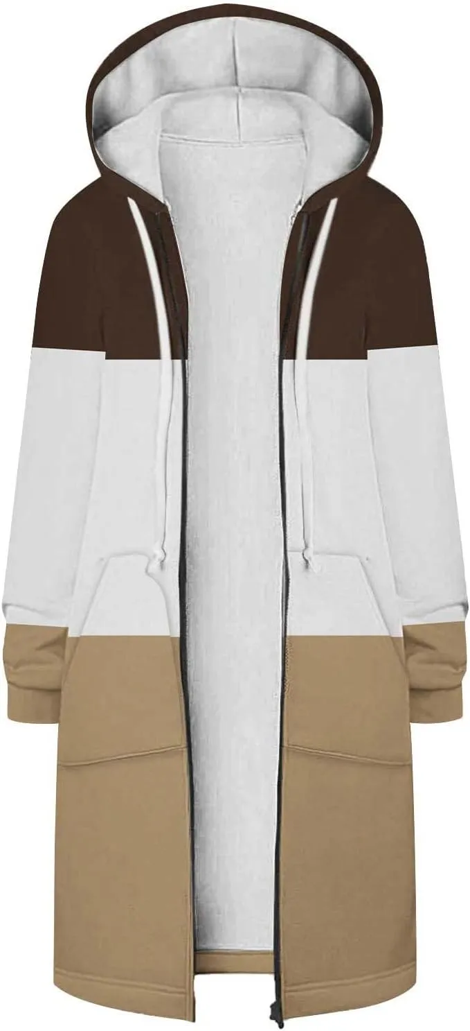 Womens Fleece Jacket Oversized Color Block Long Sleeve Winter Coats Drawstring Hooded Cardigan Tops Outerwear