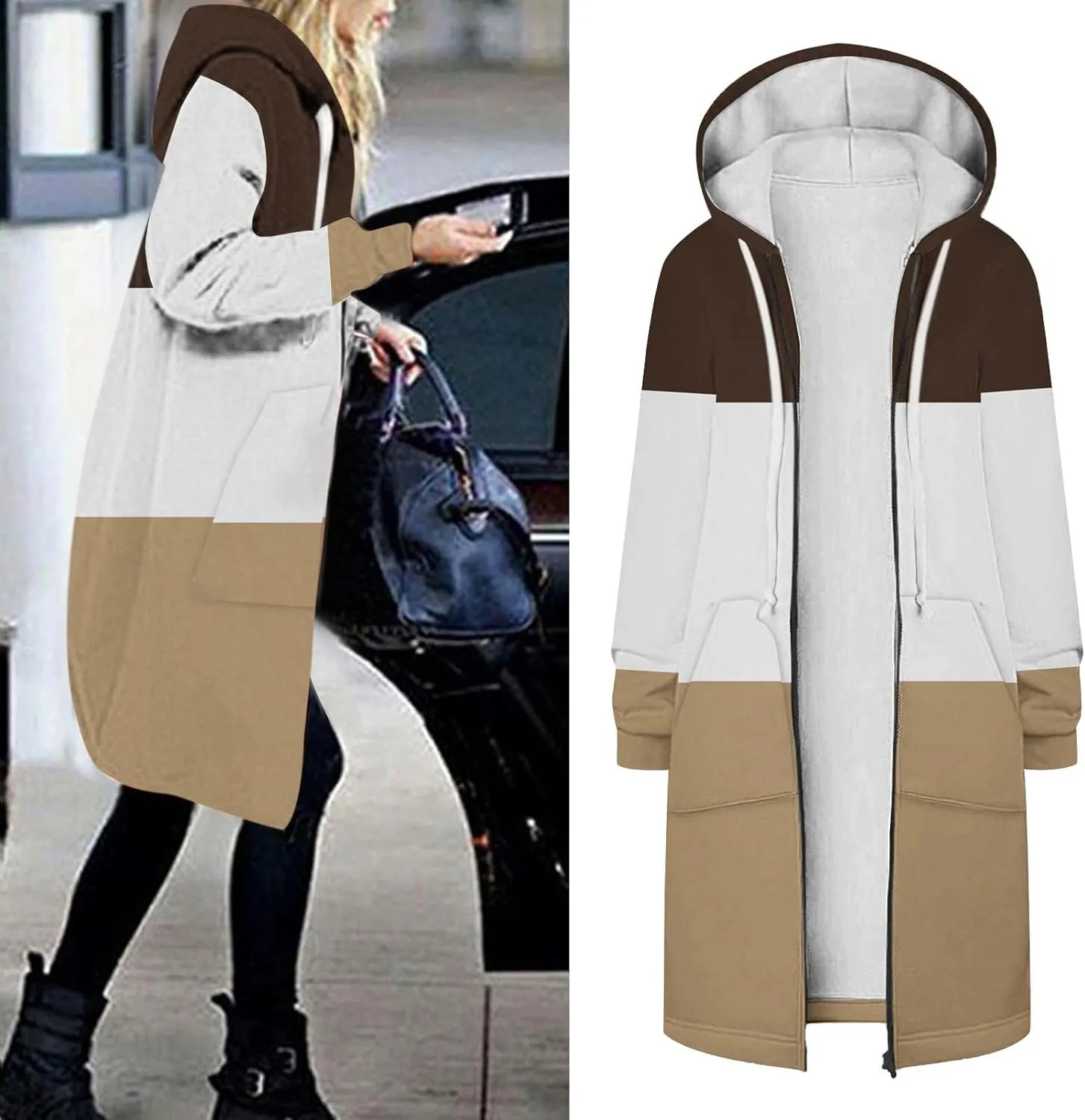 Womens Fleece Jacket Oversized Color Block Long Sleeve Winter Coats Drawstring Hooded Cardigan Tops Outerwear