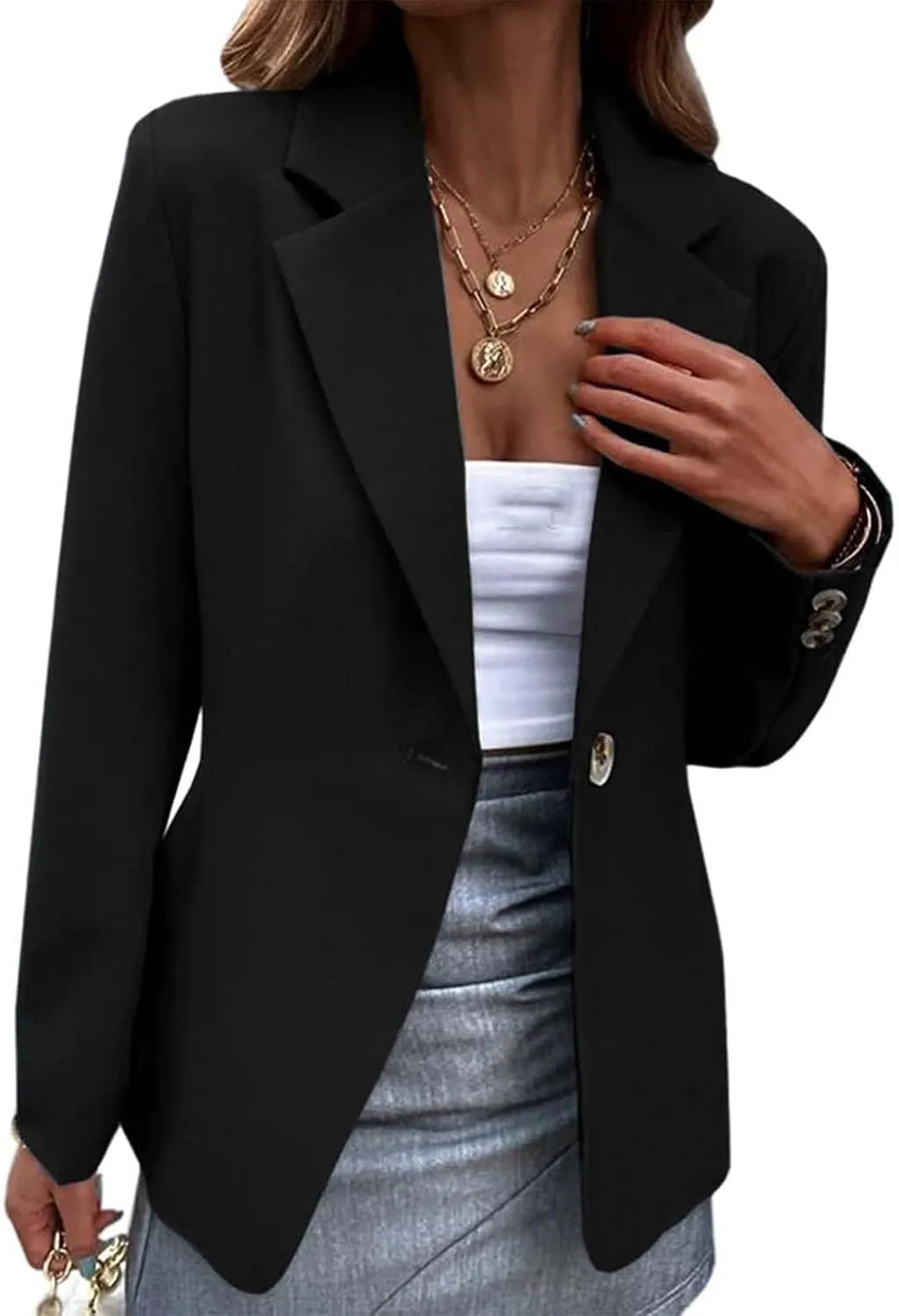 Womens Long Sleeve Blazers One Button Casual Blazer Jacket Dressy Soft Stretchy Cardigan