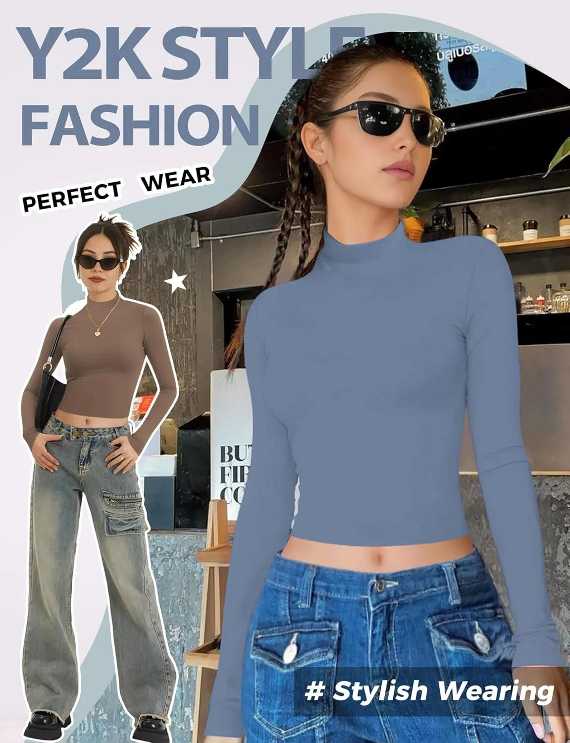 Womens Long Sleeve Crop Top Mock Turtleneck Sexy Slim Fitted Casual Base Layer Lightweight Soft Shirt Going Out Teen Sexy Top