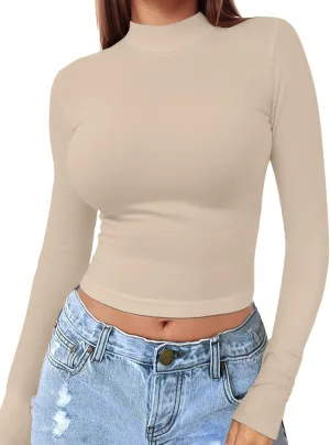Womens Long Sleeve Crop Top Mock Turtleneck Sexy Slim Fitted Casual Base Layer Lightweight Soft Shirt Going Out Teen Sexy Top
