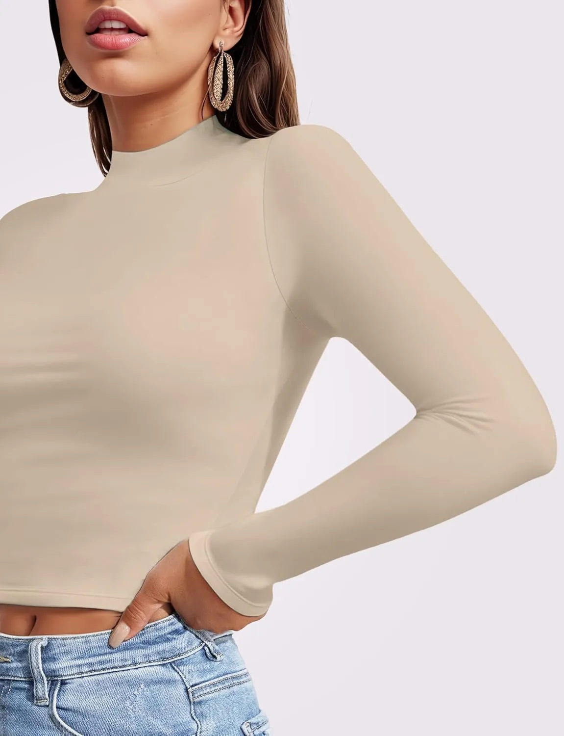 Womens Long Sleeve Crop Top Mock Turtleneck Sexy Slim Fitted Casual Base Layer Lightweight Soft Shirt Going Out Teen Sexy Top