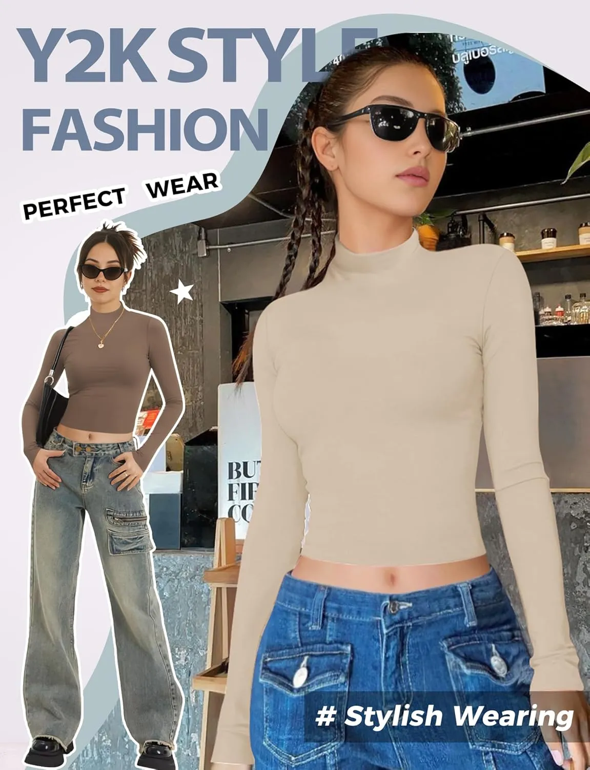 Womens Long Sleeve Crop Top Mock Turtleneck Sexy Slim Fitted Casual Base Layer Lightweight Soft Shirt Going Out Teen Sexy Top