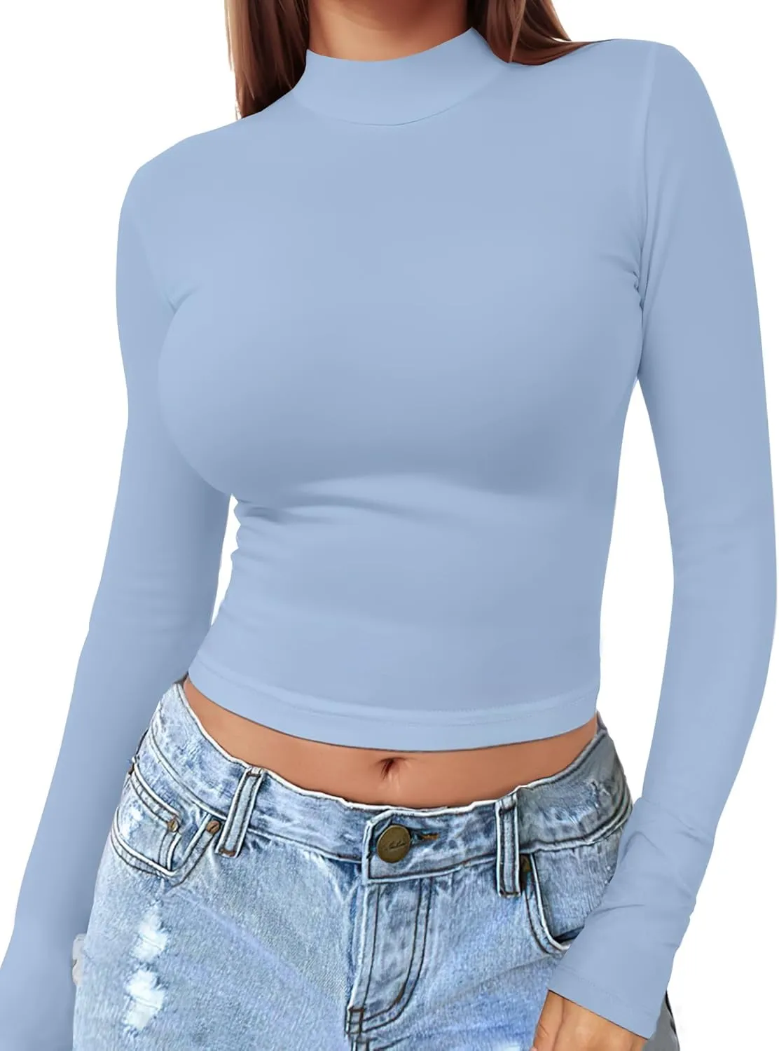 Womens Long Sleeve Crop Top Mock Turtleneck Sexy Slim Fitted Casual Base Layer Lightweight Soft Shirt Going Out Teen Sexy Top
