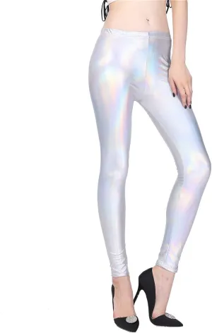 Womens Metallic Leather Look Leggings Elastic Skinny Leggings Pants for Clubwear Outfit Theme Party Costume