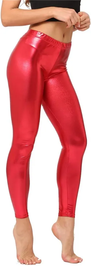 Womens Metallic Leather Look Leggings Elastic Skinny Leggings Pants for Clubwear Outfit Theme Party Costume