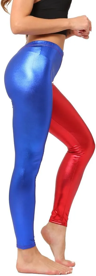 Womens Metallic Leather Look Leggings Elastic Skinny Leggings Pants for Clubwear Outfit Theme Party Costume