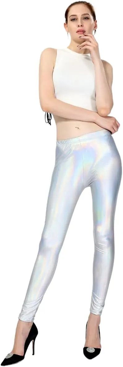 Womens Metallic Leather Look Leggings Elastic Skinny Leggings Pants for Clubwear Outfit Theme Party Costume