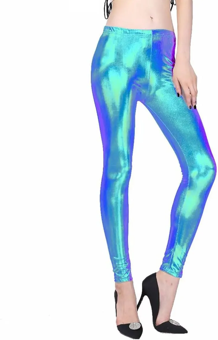 Womens Metallic Leather Look Leggings Elastic Skinny Leggings Pants for Clubwear Outfit Theme Party Costume