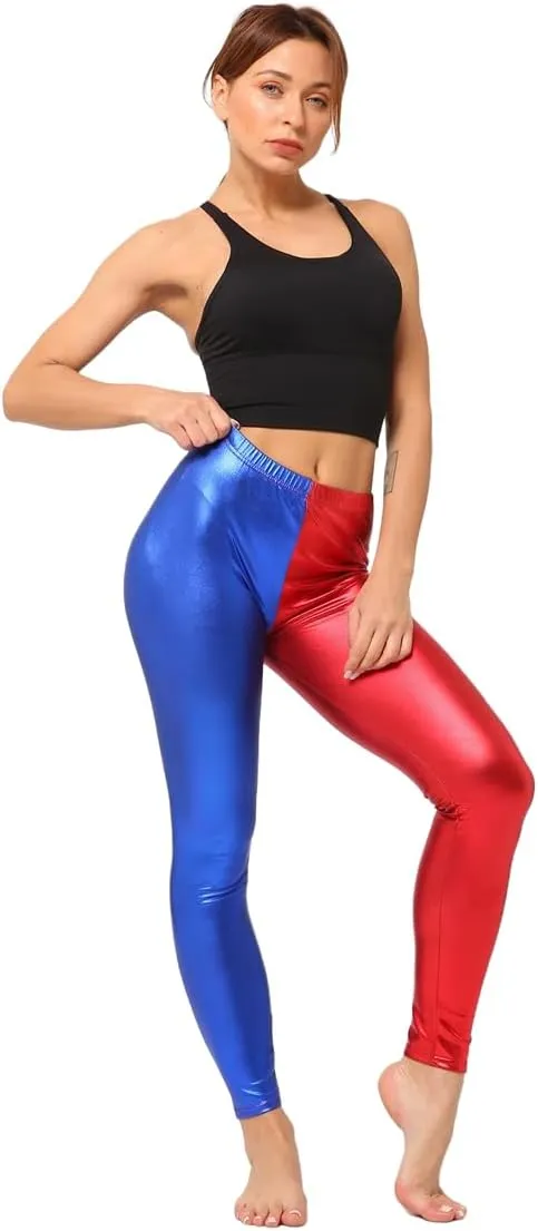Womens Metallic Leather Look Leggings Elastic Skinny Leggings Pants for Clubwear Outfit Theme Party Costume