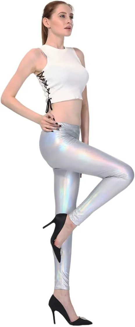 Womens Metallic Leather Look Leggings Elastic Skinny Leggings Pants for Clubwear Outfit Theme Party Costume