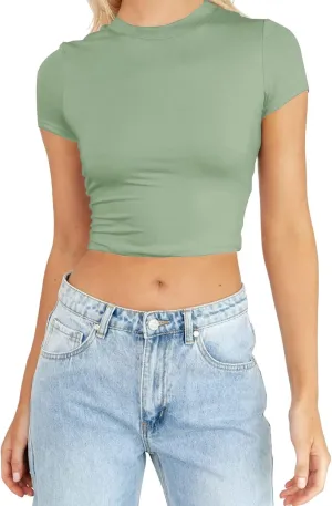 Womens Mock Neck Basic Tops Going Out Spring Clothes Short Sleeve Slim Fitted Cute T-Shirts Summer Y2K Outfits