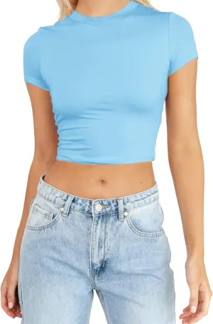 Womens Mock Neck Basic Tops Going Out Spring Clothes Short Sleeve Slim Fitted Cute T-Shirts Summer Y2K Outfits
