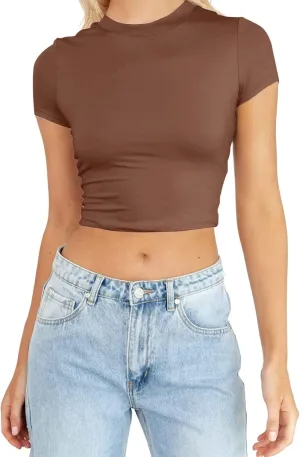 Womens Mock Neck Basic Tops Going Out Spring Clothes Short Sleeve Slim Fitted Cute T-Shirts Summer Y2K Outfits