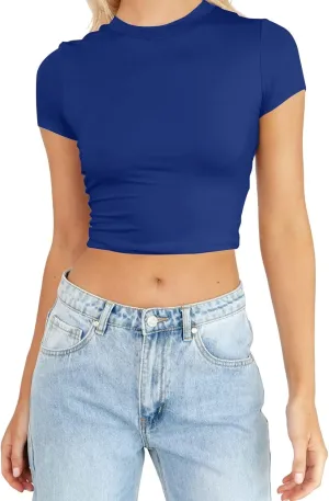 Womens Mock Neck Basic Tops Going Out Spring Clothes Short Sleeve Slim Fitted Cute T-Shirts Summer Y2K Outfits