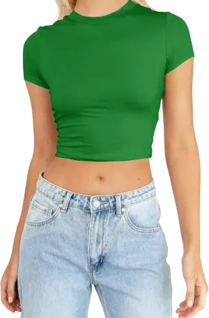 Womens Mock Neck Basic Tops Going Out Spring Clothes Short Sleeve Slim Fitted Cute T-Shirts Summer Y2K Outfits