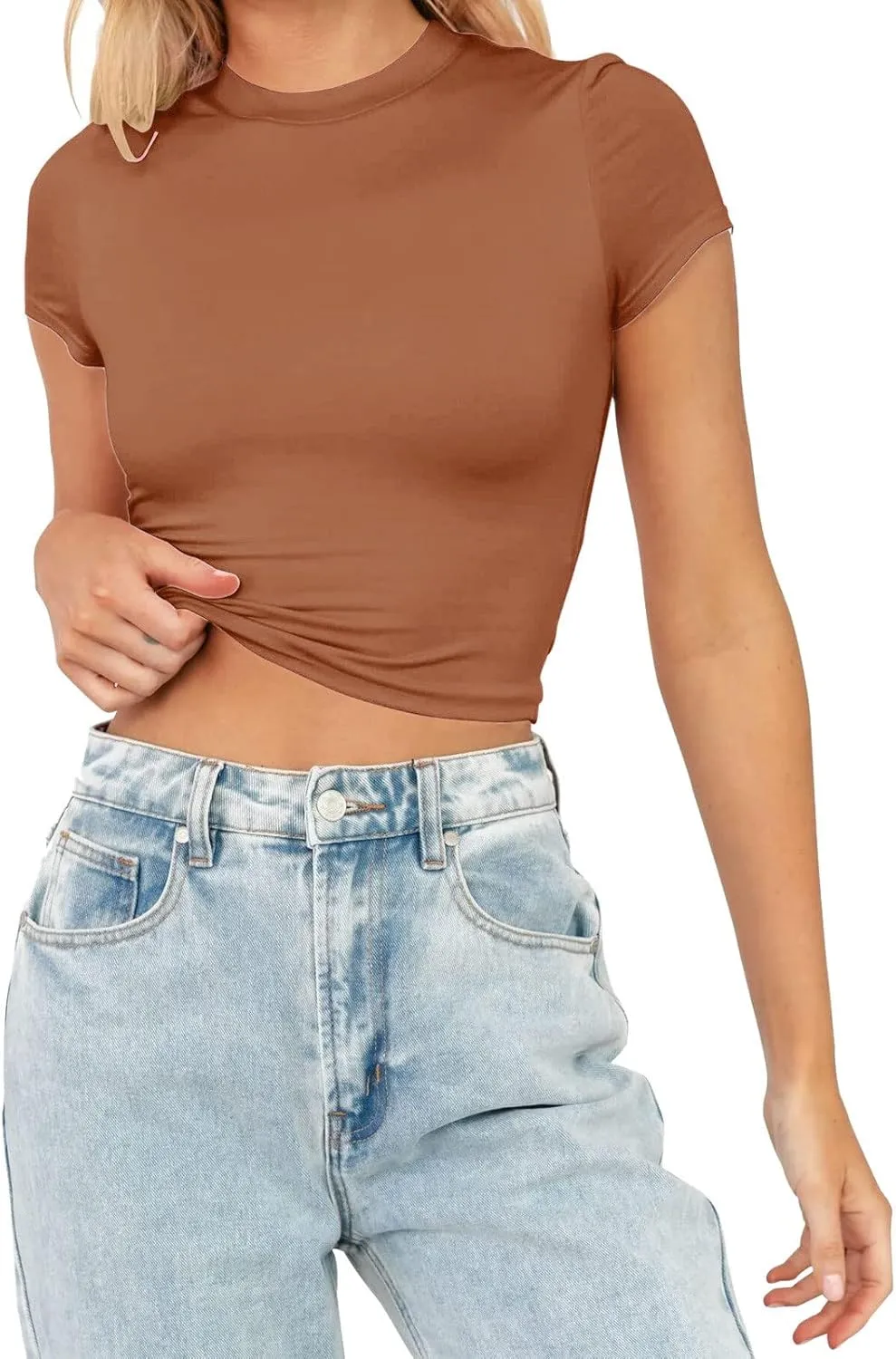 Womens Mock Neck Basic Tops Going Out Spring Clothes Short Sleeve Slim Fitted Cute T-Shirts Summer Y2K Outfits