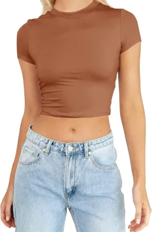 Womens Mock Neck Basic Tops Going Out Spring Clothes Short Sleeve Slim Fitted Cute T-Shirts Summer Y2K Outfits