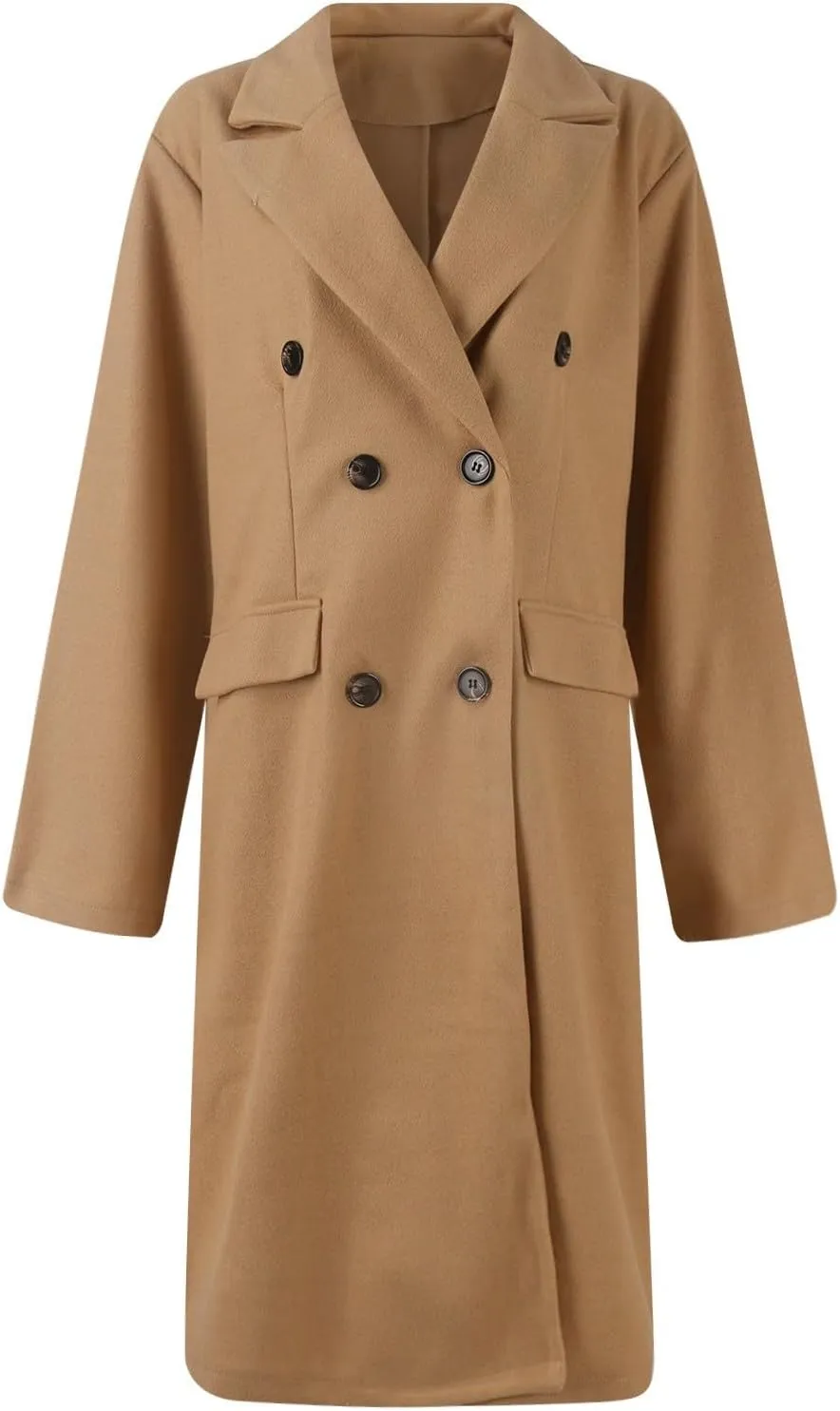 Womens Notched Lapel Collar Double Breasted Pea Coat Trendy Long Trench Coats Winter Wool Fleece Jacket
