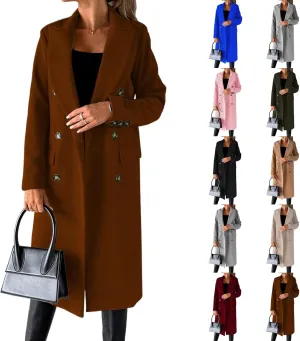 Womens Notched Lapel Collar Double Breasted Pea Coat Trendy Long Trench Coats Winter Wool Fleece Jacket