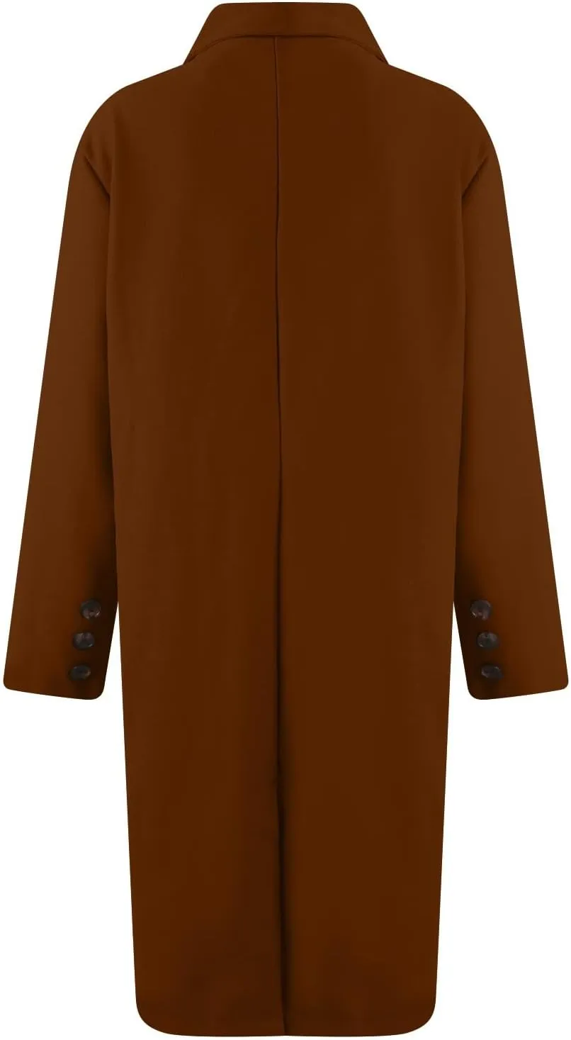 Womens Notched Lapel Collar Double Breasted Pea Coat Trendy Long Trench Coats Winter Wool Fleece Jacket