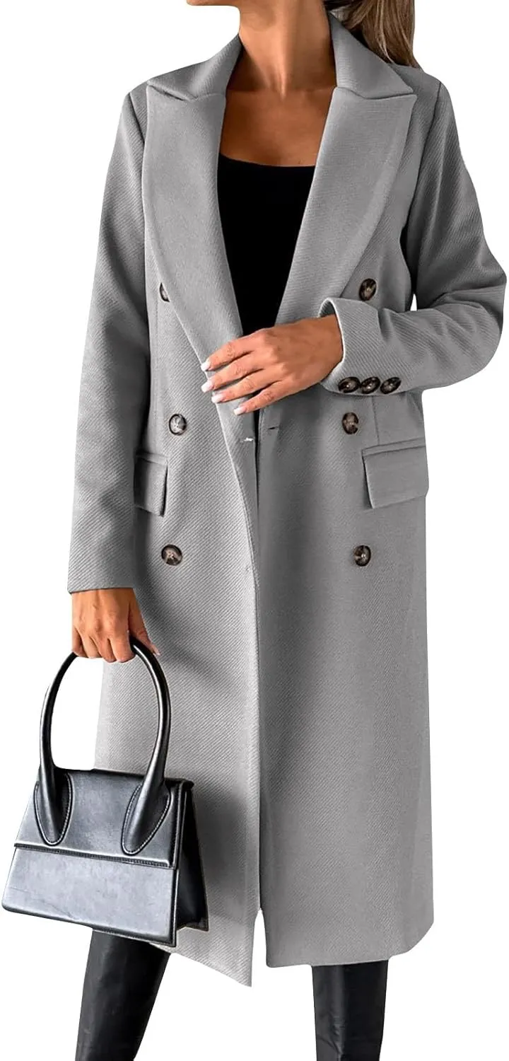Womens Notched Lapel Collar Double Breasted Pea Coat Trendy Long Trench Coats Winter Wool Fleece Jacket