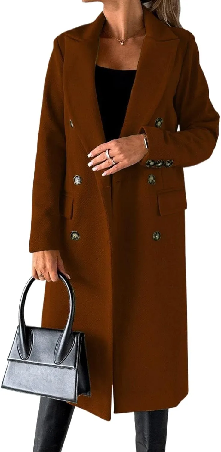 Womens Notched Lapel Collar Double Breasted Pea Coat Trendy Long Trench Coats Winter Wool Fleece Jacket
