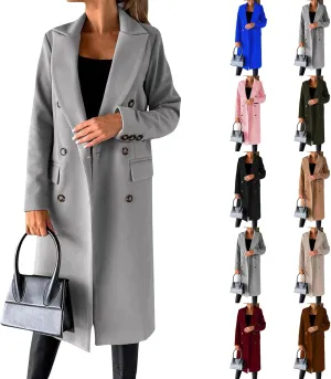 Womens Notched Lapel Collar Double Breasted Pea Coat Trendy Long Trench Coats Winter Wool Fleece Jacket