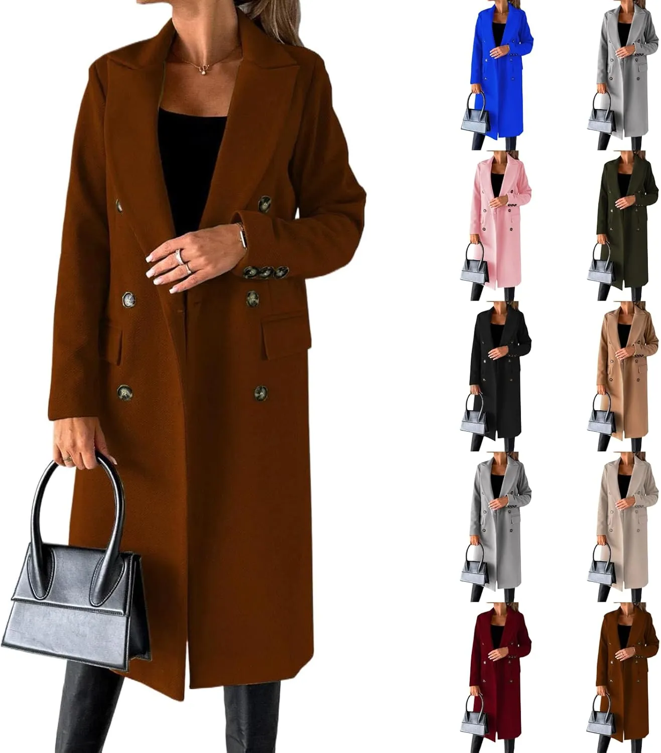 Womens Notched Lapel Collar Double Breasted Pea Coat Trendy Long Trench Coats Winter Wool Fleece Jacket