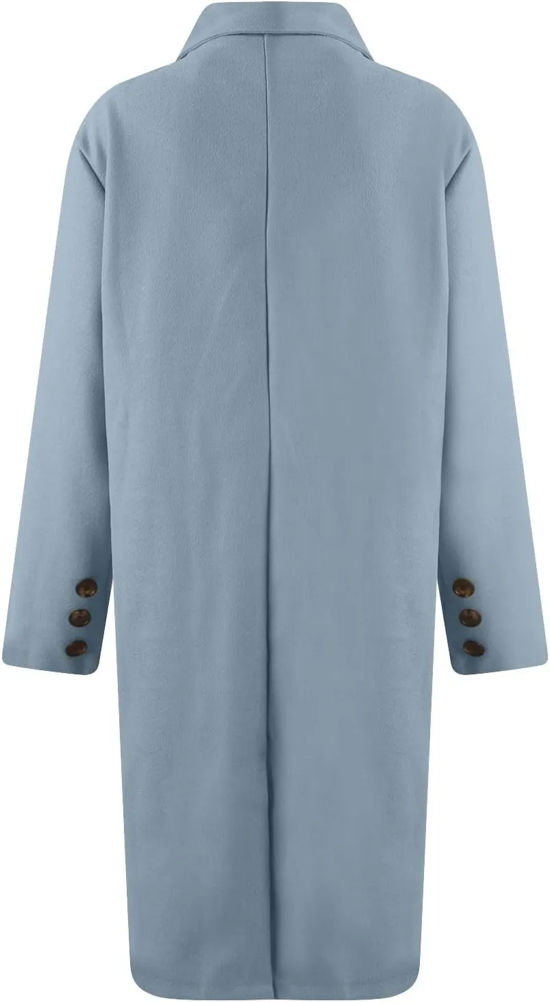 Womens Notched Lapel Collar Double Breasted Pea Coat Trendy Long Trench Coats Winter Wool Fleece Jacket