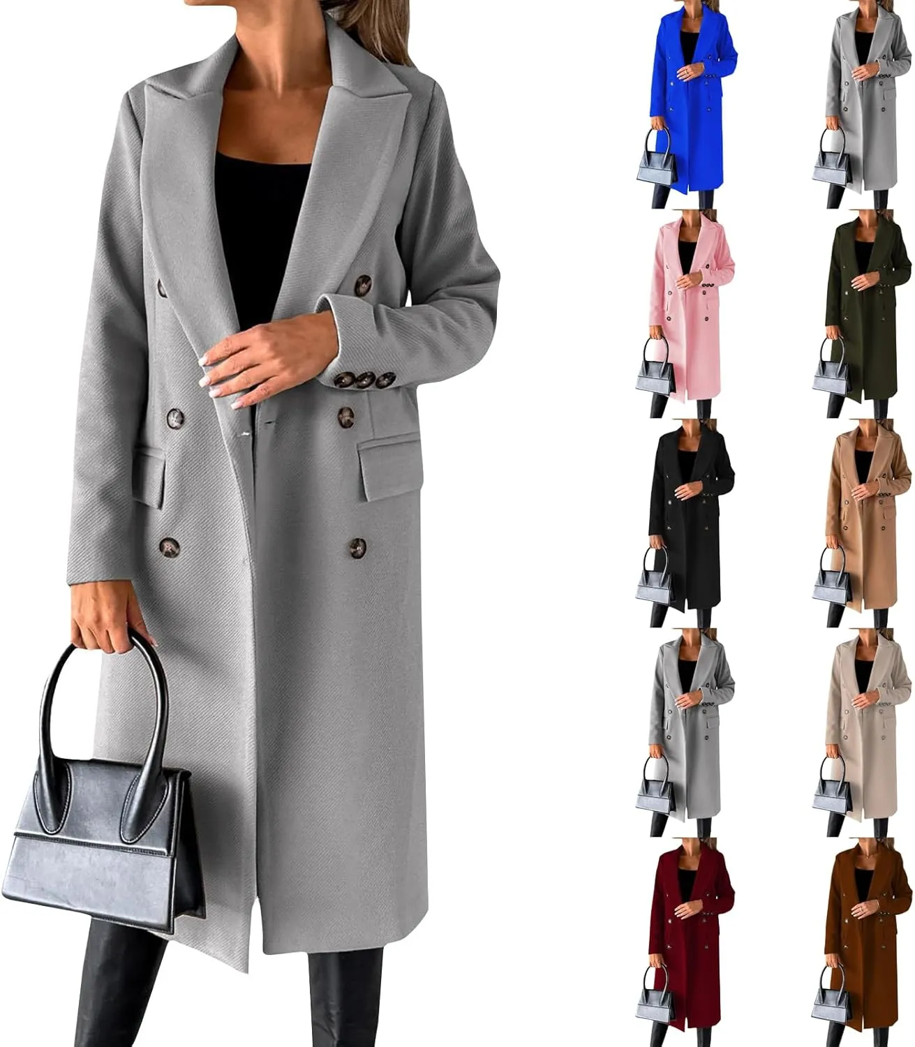 Womens Notched Lapel Collar Double Breasted Pea Coat Trendy Long Trench Coats Winter Wool Fleece Jacket