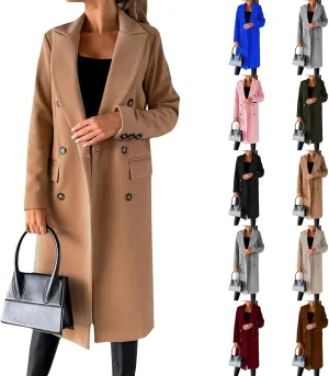 Womens Notched Lapel Collar Double Breasted Pea Coat Trendy Long Trench Coats Winter Wool Fleece Jacket