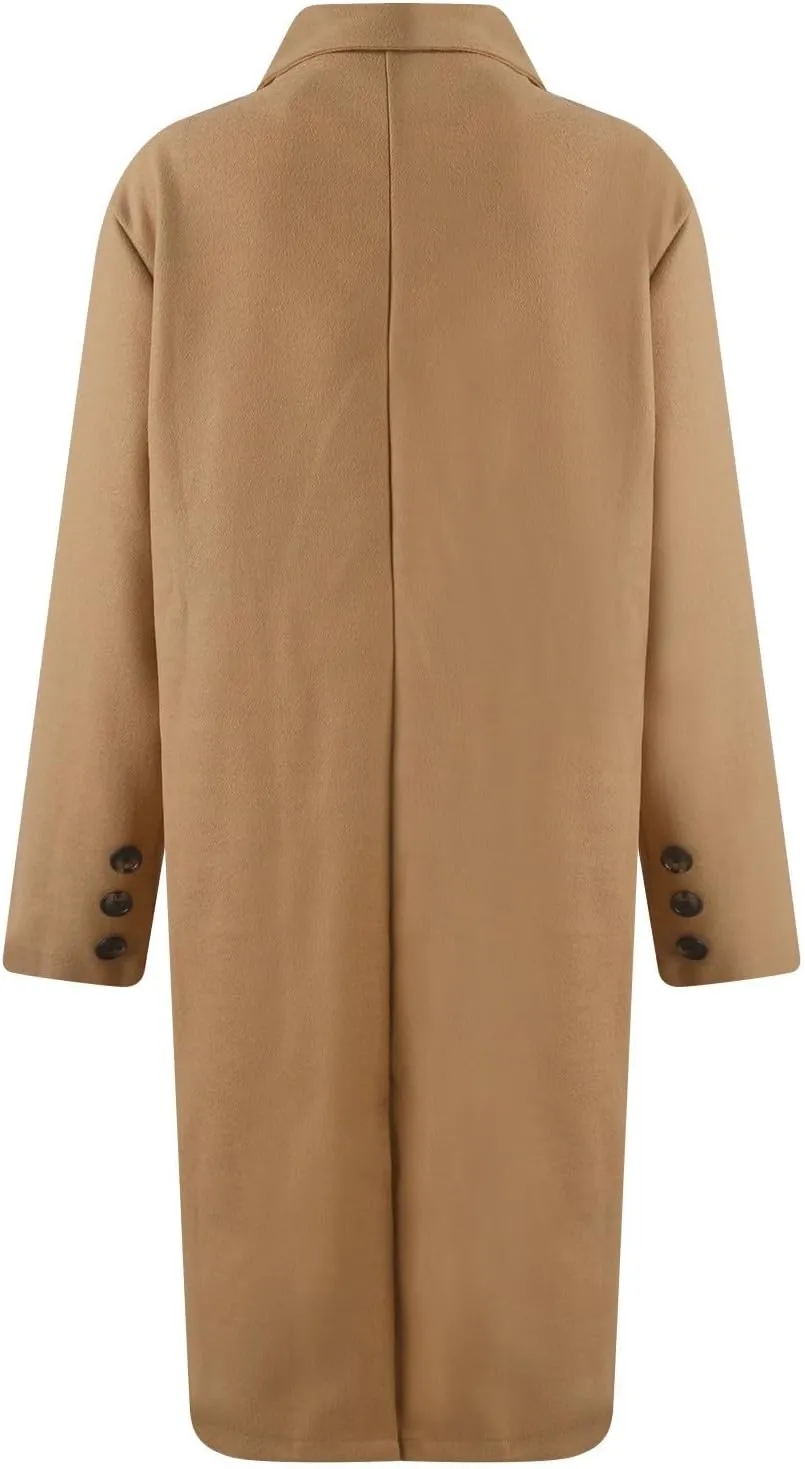 Womens Notched Lapel Collar Double Breasted Pea Coat Trendy Long Trench Coats Winter Wool Fleece Jacket