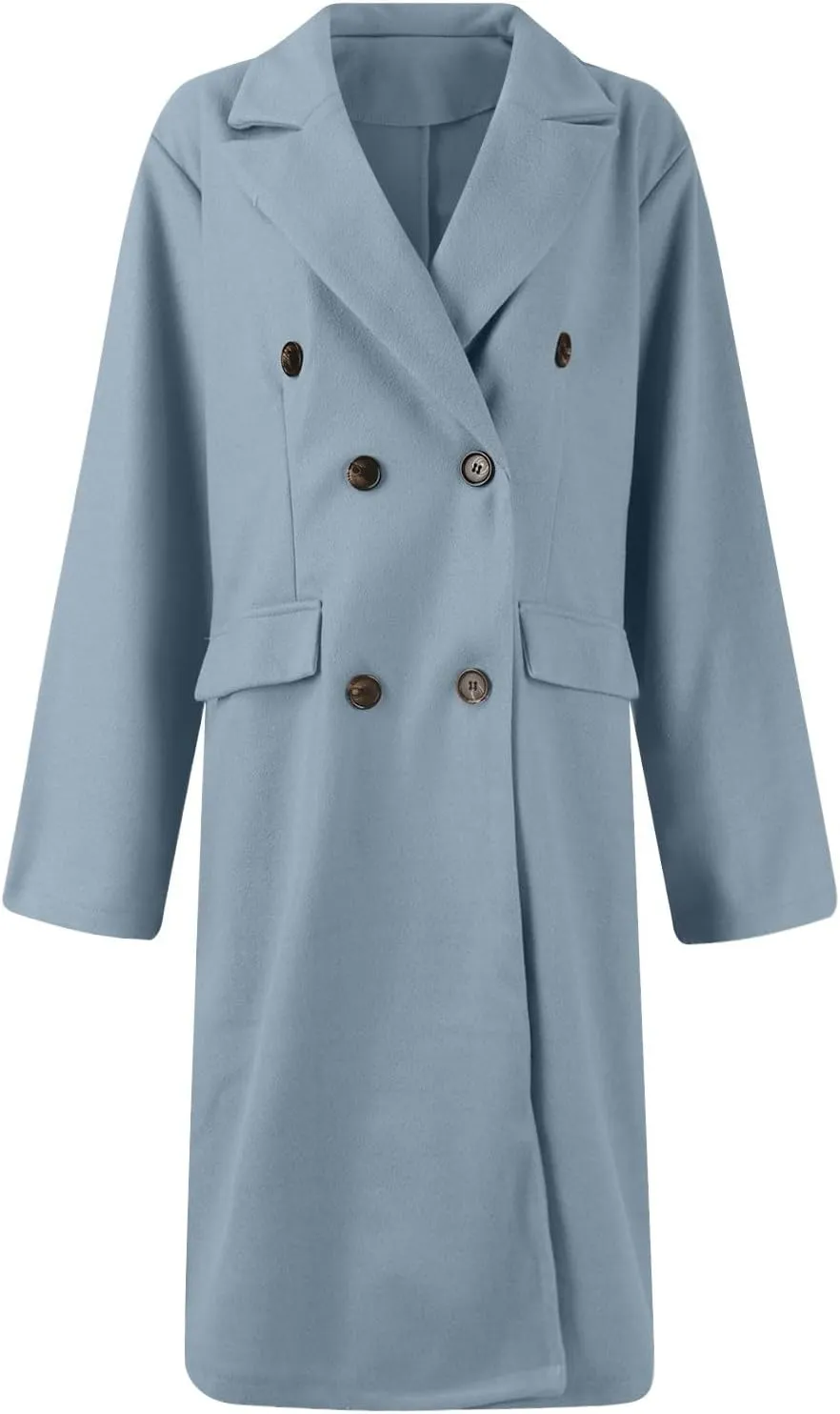 Womens Notched Lapel Collar Double Breasted Pea Coat Trendy Long Trench Coats Winter Wool Fleece Jacket