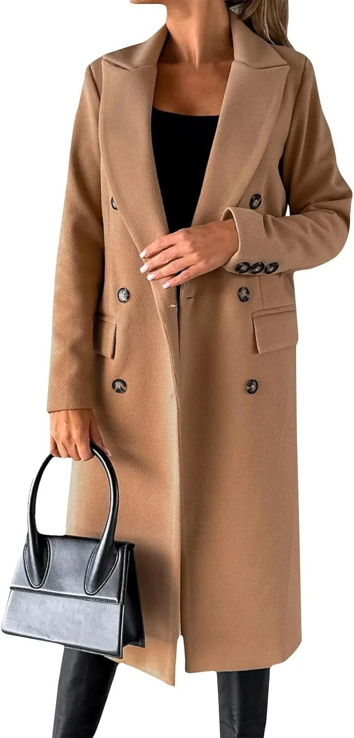 Womens Notched Lapel Collar Double Breasted Pea Coat Trendy Long Trench Coats Winter Wool Fleece Jacket