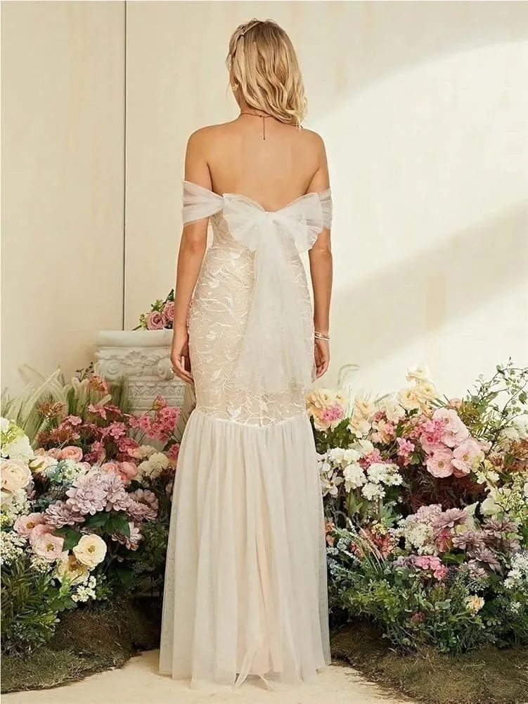 Women's Off Shoulder Mesh Wedding Dress Elegant Lace Bride Dress Formal Evening Gown