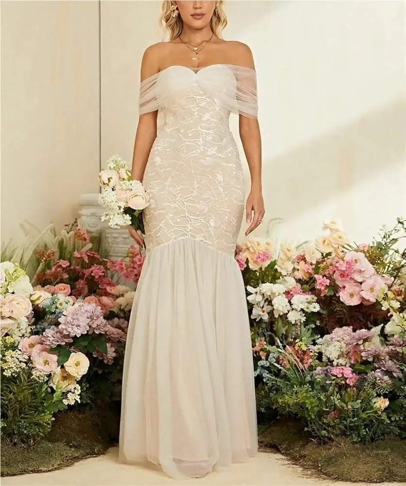 Women's Off Shoulder Mesh Wedding Dress Elegant Lace Bride Dress Formal Evening Gown