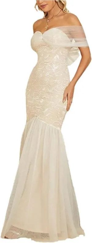 Women's Off Shoulder Mesh Wedding Dress Elegant Lace Bride Dress Formal Evening Gown