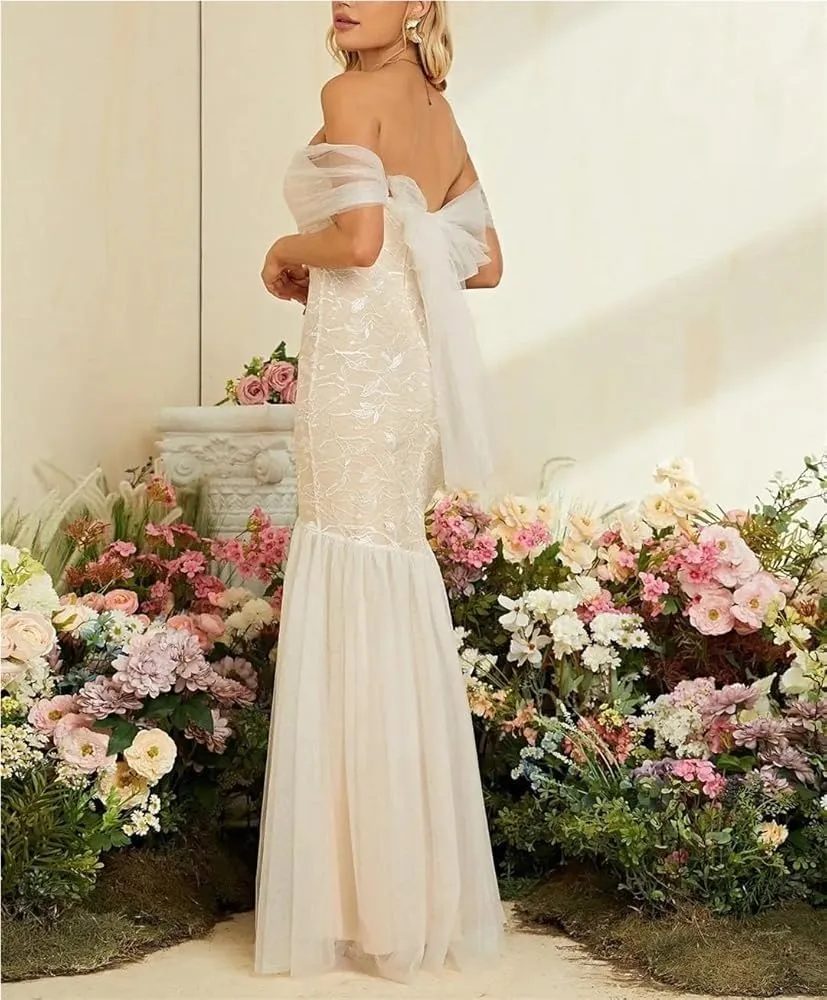 Women's Off Shoulder Mesh Wedding Dress Elegant Lace Bride Dress Formal Evening Gown