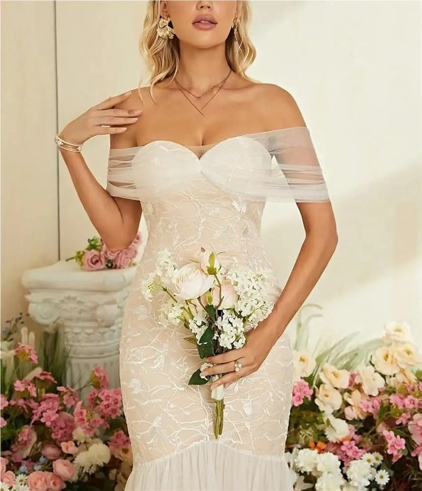 Women's Off Shoulder Mesh Wedding Dress Elegant Lace Bride Dress Formal Evening Gown