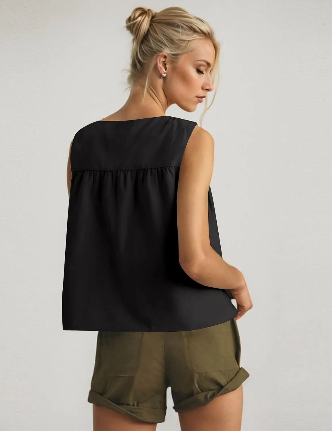 Womens Peplum Babydoll Tank Top Crew Neck Loose Fit Summer Tank Tops Swing Sleeveless Shirred Ruffle Top