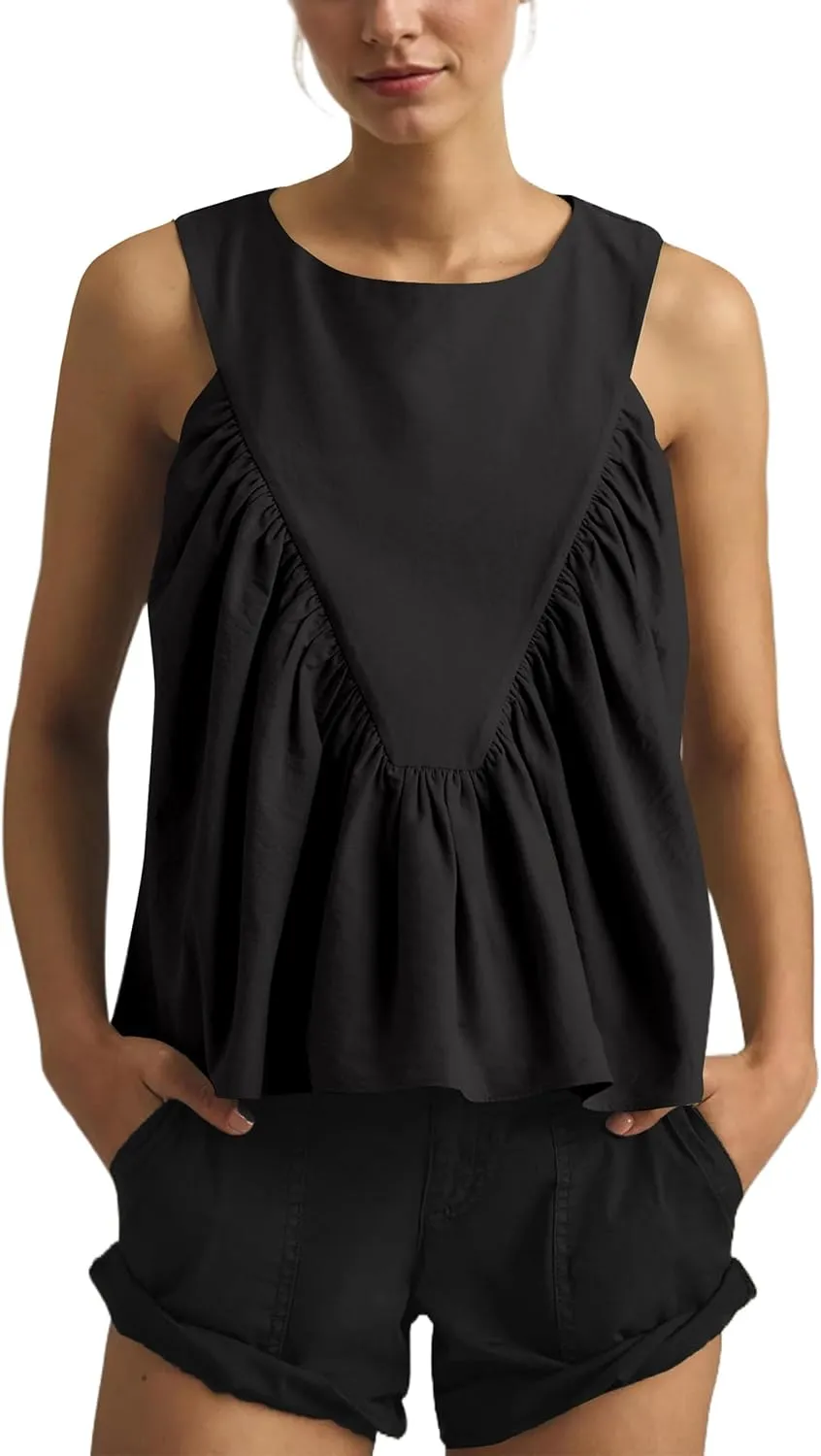 Womens Peplum Babydoll Tank Top Crew Neck Loose Fit Summer Tank Tops Swing Sleeveless Shirred Ruffle Top