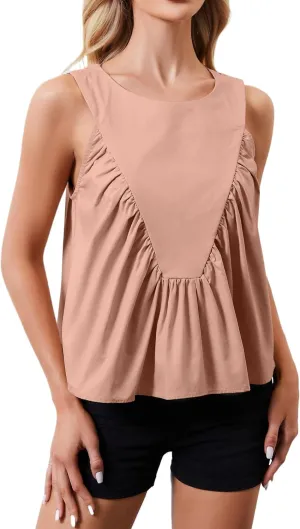 Womens Peplum Babydoll Tank Top Crew Neck Loose Fit Summer Tank Tops Swing Sleeveless Shirred Ruffle Top