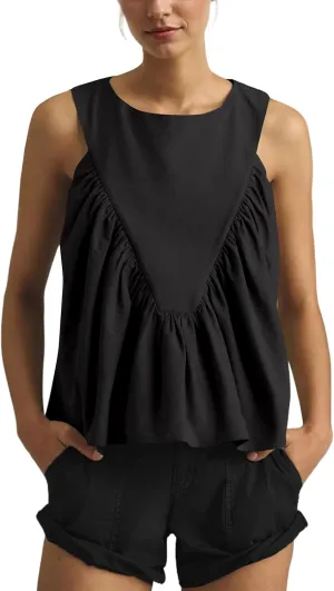 Womens Peplum Babydoll Tank Top Crew Neck Loose Fit Summer Tank Tops Swing Sleeveless Shirred Ruffle Top