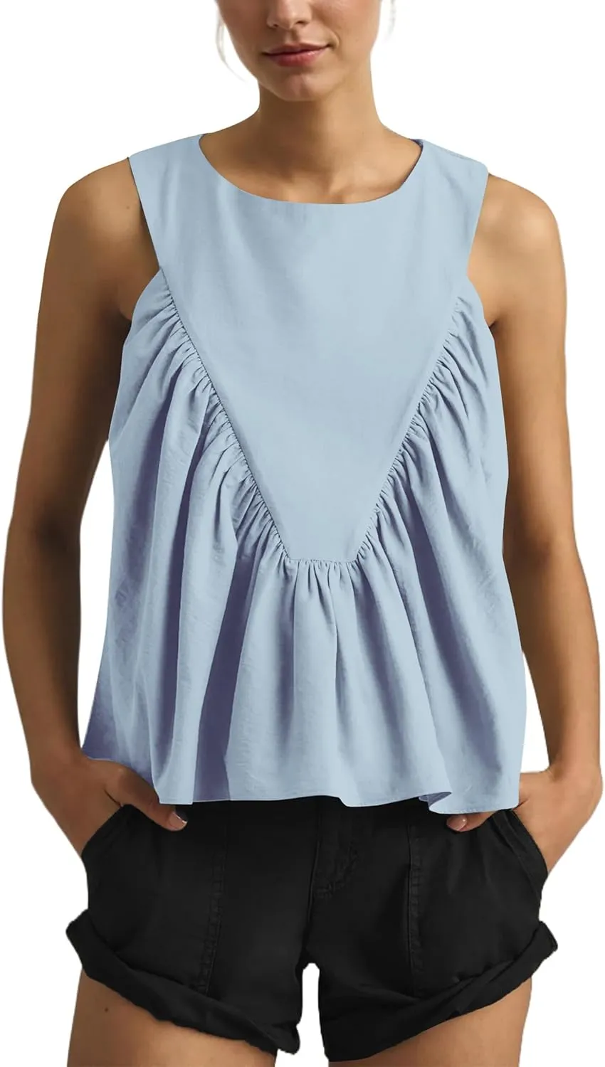 Womens Peplum Babydoll Tank Top Crew Neck Loose Fit Summer Tank Tops Swing Sleeveless Shirred Ruffle Top