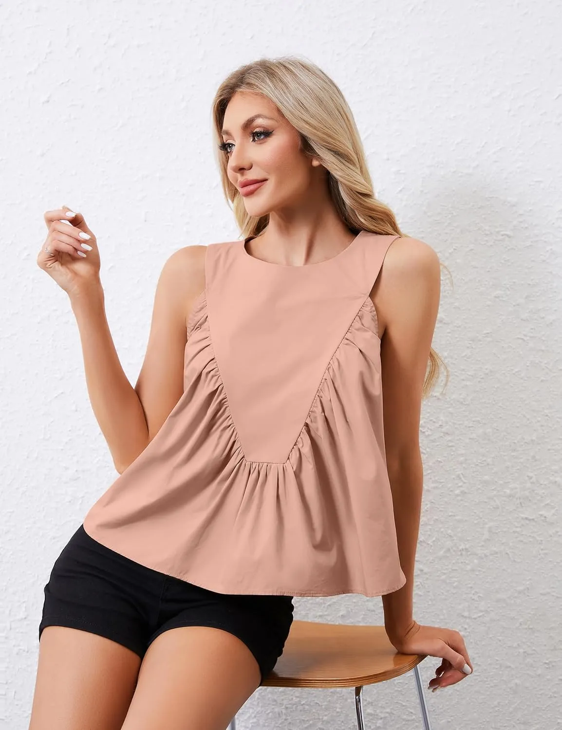 Womens Peplum Babydoll Tank Top Crew Neck Loose Fit Summer Tank Tops Swing Sleeveless Shirred Ruffle Top
